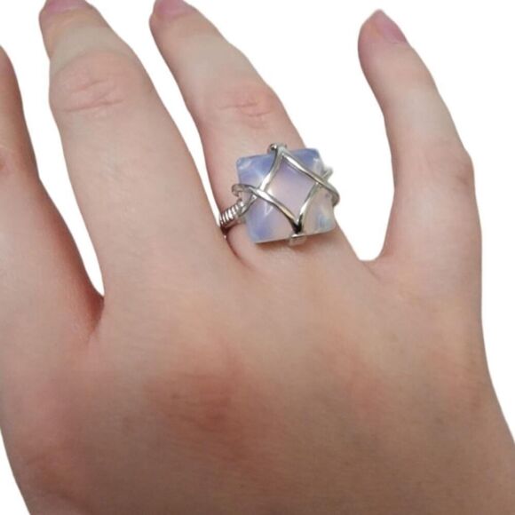 Natural Square Lab Opal Ring Female Creative Grid Rings for Women - Picture 6 of 8